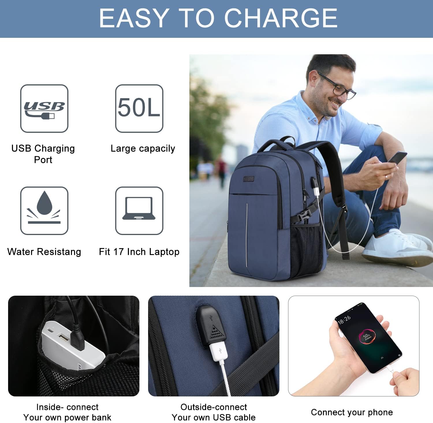 Detalle de WENIG Sac à dos homme pour ordinateur portable 17,3 pouces TSA anti-vol imperméable avec charge USB – Bleu