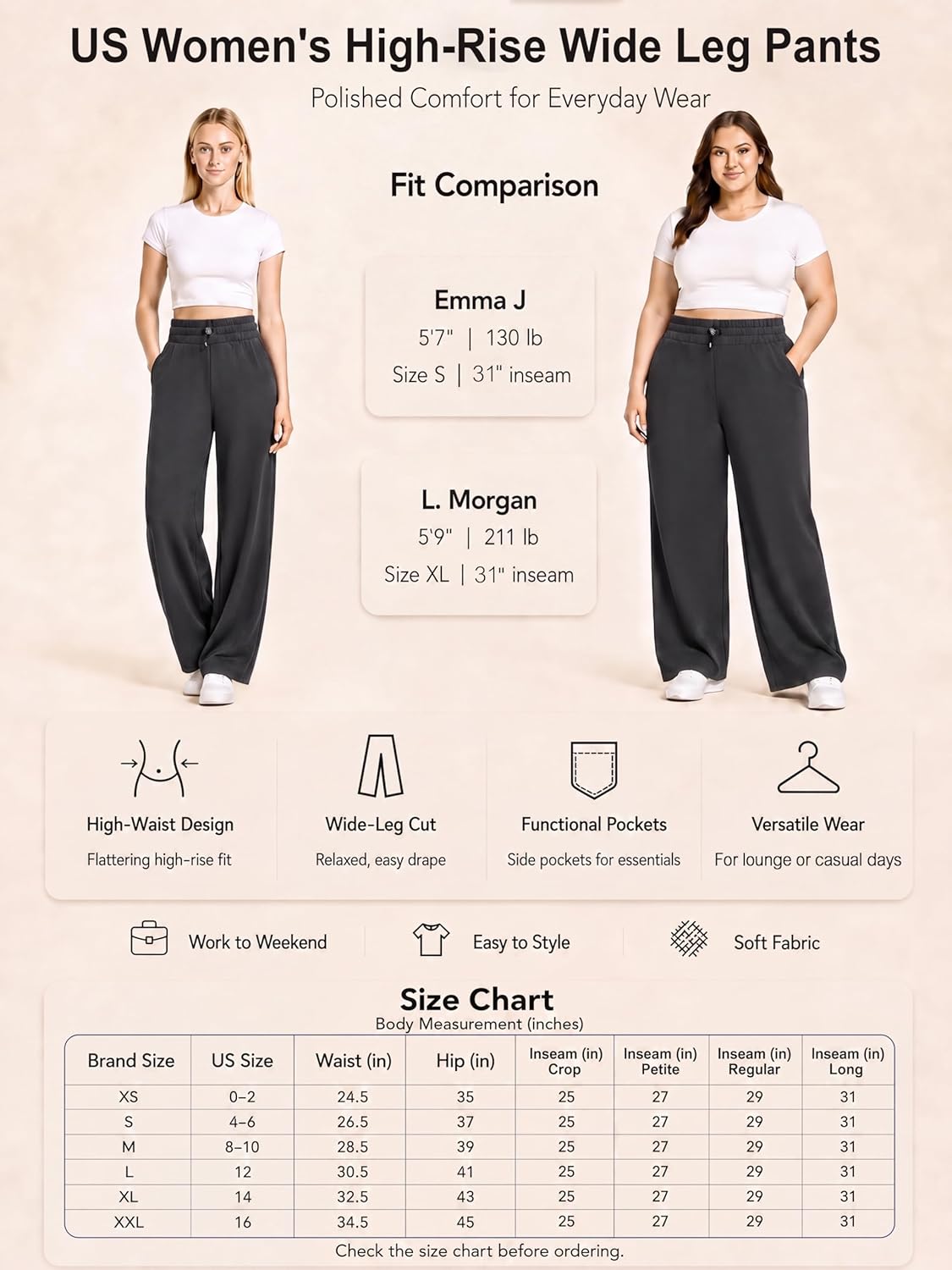 Detalle 2 de ODODOS Modal wide leg pants 27 in inseam