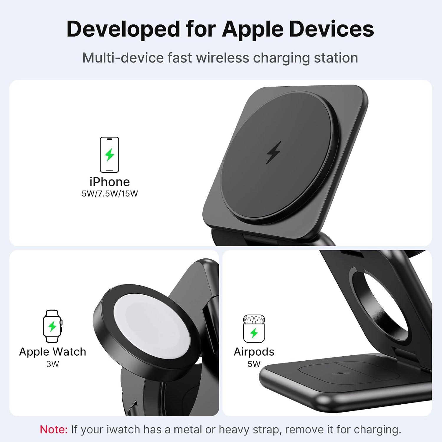 Detalle de Alilong 3 in 1 Wireless Charging Station with MagSafe - Foldable, Zinc Alloy Travel Stand