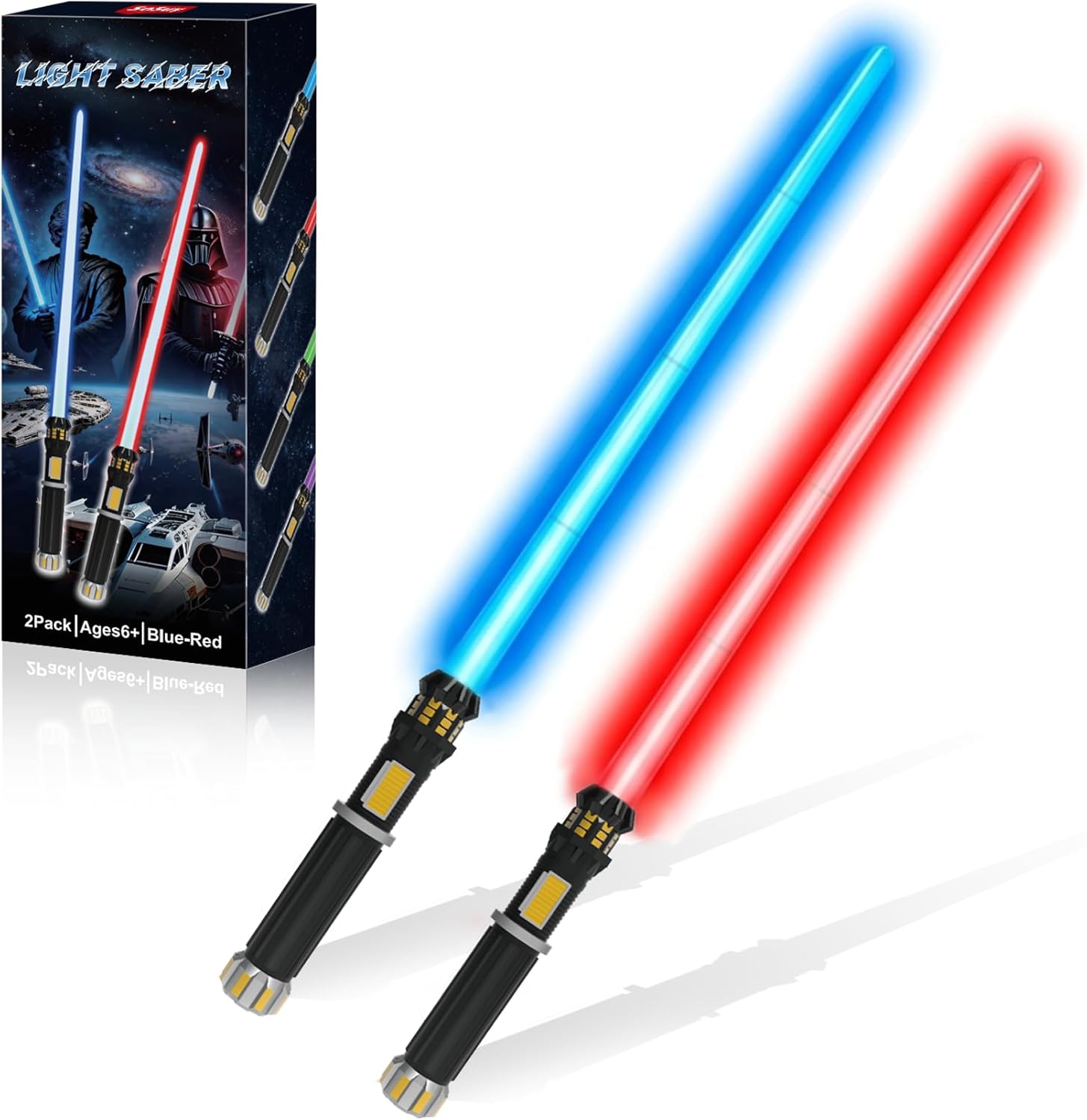FlashyU Lichtschwert Set (2er-Pack) für Jungen & Mädchen ab 4 Jahren – rot und blau, USB-ladbar mit Licht, Sound und Ausfahrklinge
