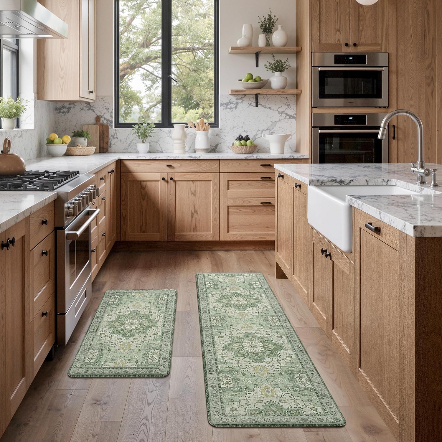Detalle de GENIMO Anti Fatigue Kitchen Mats for Floor 2PCS — Cushioned 17.3" x 59" & 17.3" x 30", Light Green Vintage Boho Set