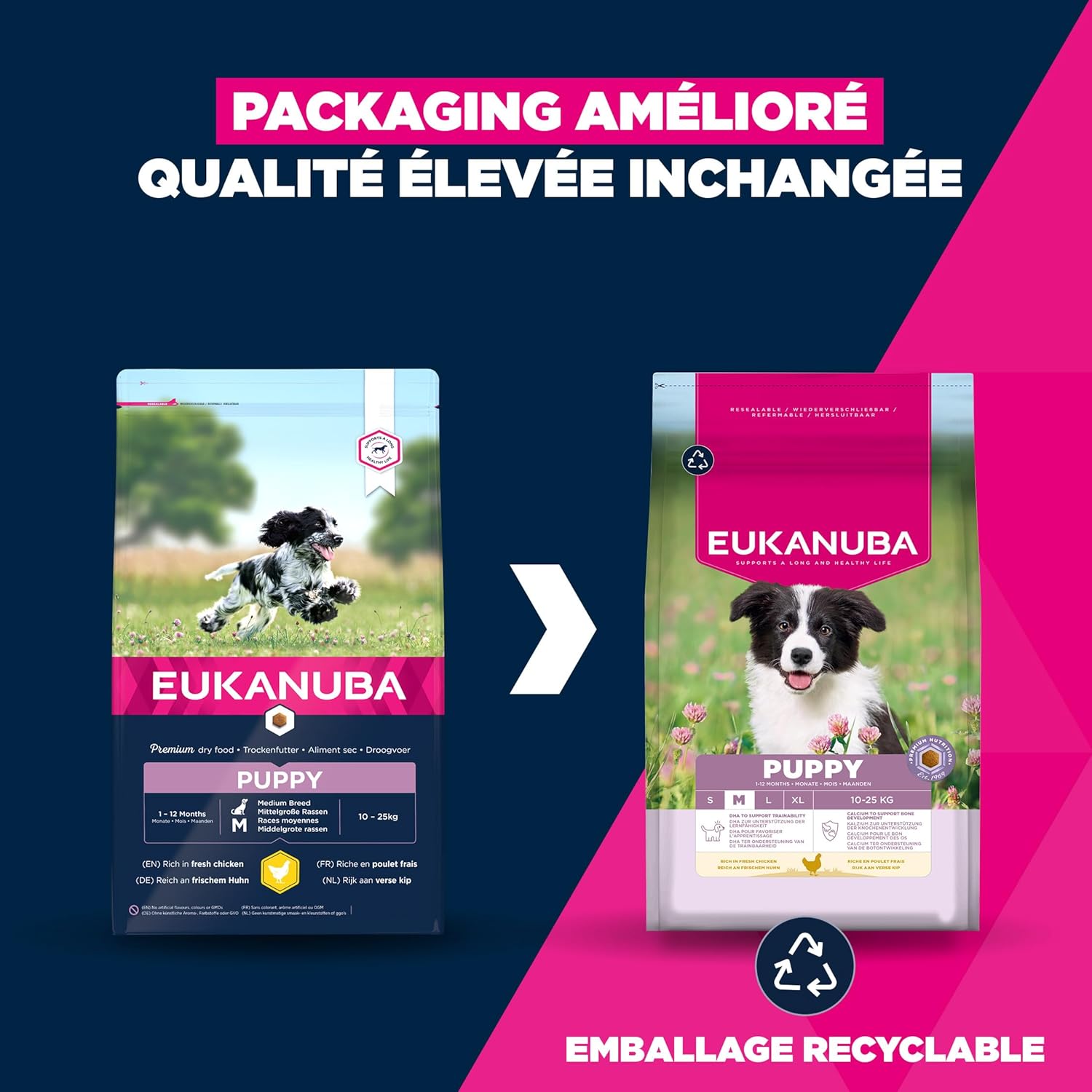 Thumbnail 1 de EUKANUBA Life Care Croquettes Chiots Moyenne Race 1 à 12 mois – Poulet frais, DHA, Calcium et Oméga 3&6, 3 kg