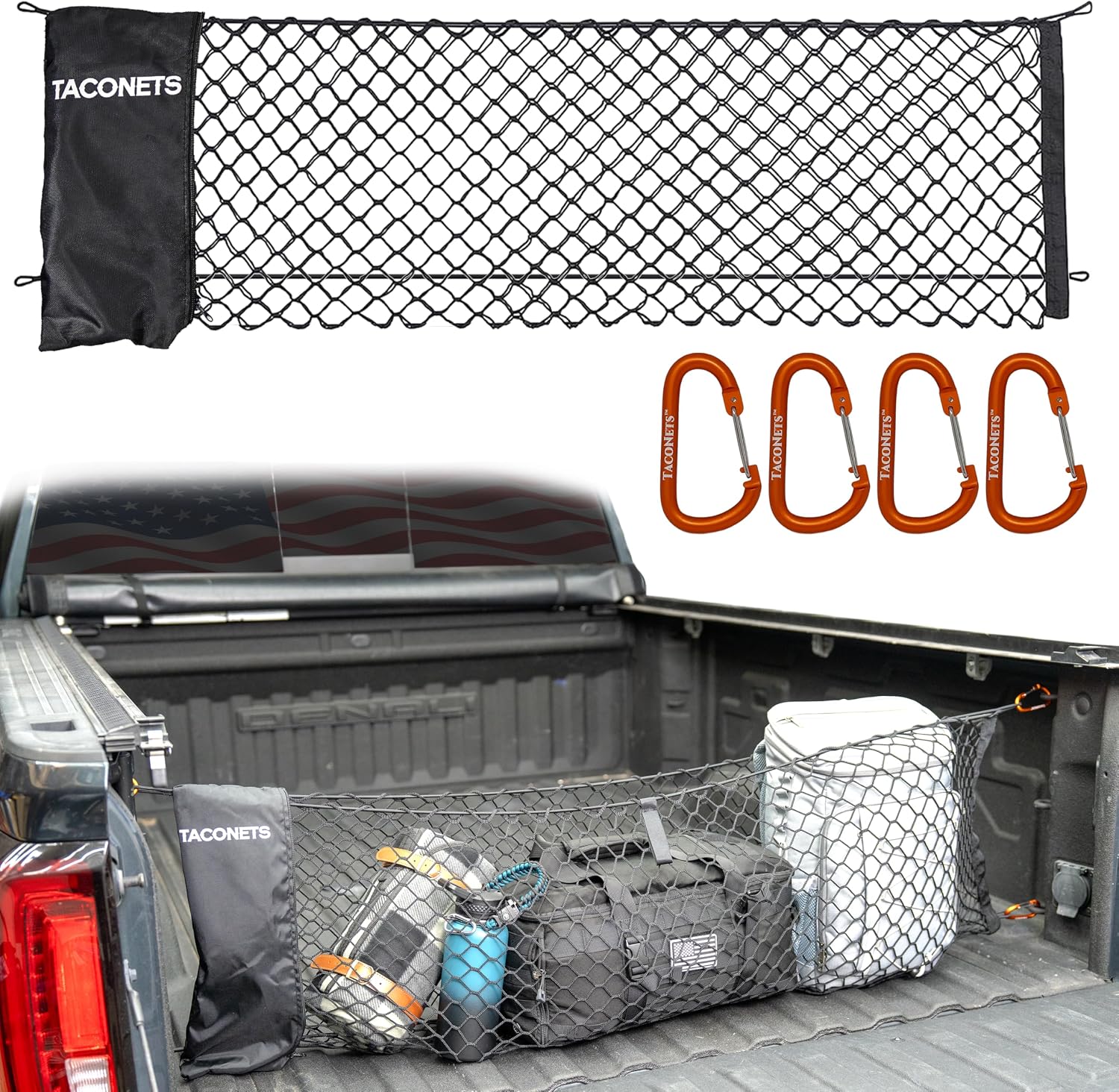 Detalle de TacoNets Envelope Cargo Net for GMC Sierra & Chevy Silverado (2013–Current) – Upgraded 5mm Bungee, Integrated Storage Bag, Heavy-Duty Carabiners