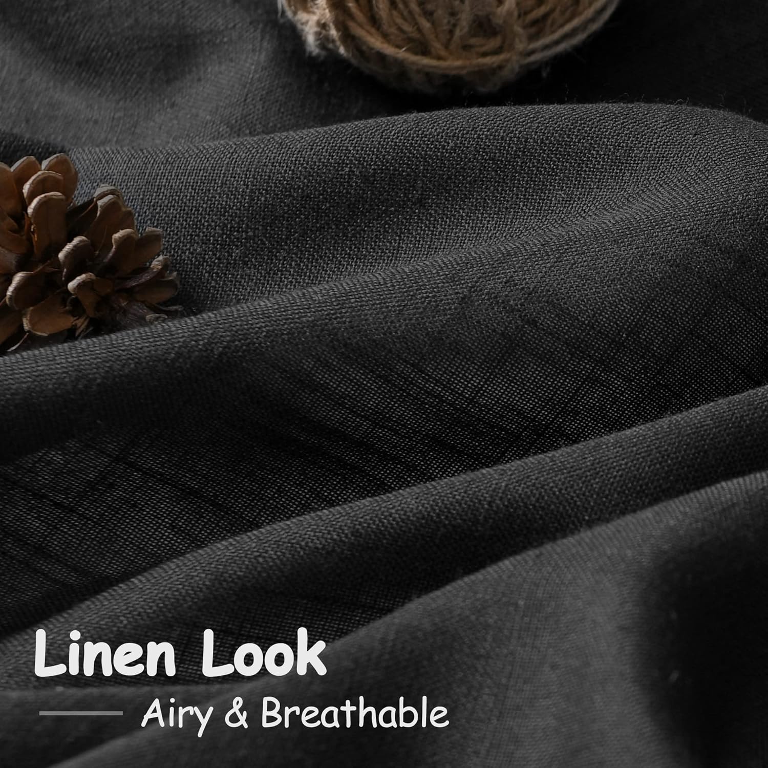 Thumbnail 1 de Black Linen Curtains 84 inches Long, 2 Panels – Back Tab, Light Filtering, Privacy, Linen Blend Gauze Drapes