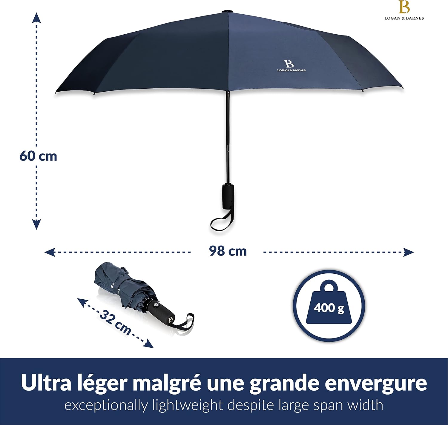 Detalle 2 de LOGAN & BARNES Parapluie Boston: résistant aux tempêtes jusqu’à 140 km/h, compact et automatique