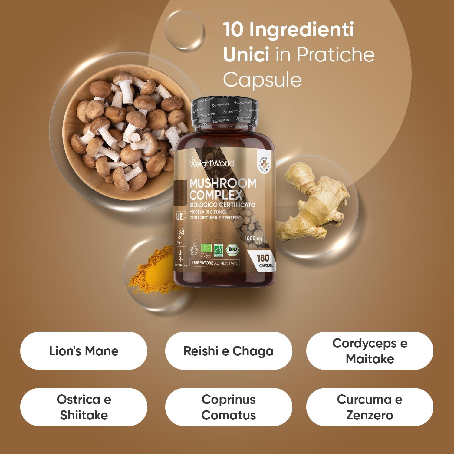 Detalle de Miscela Funghi Bio WeightWorld: 8 Funghi in 180 Capsule Vegane (3 mesi) con Lion’s Mane, Reishi, Chaga, Cordyceps, Maitake, Shiitake, Curcuma e Zenzero