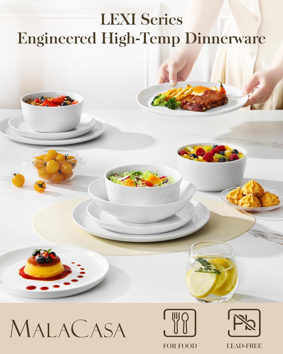 Thumbnail 2 de MALACASA LEXI 24-Piece Porcelain Dinnerware Set (White) with Plates & Bowls for 6
