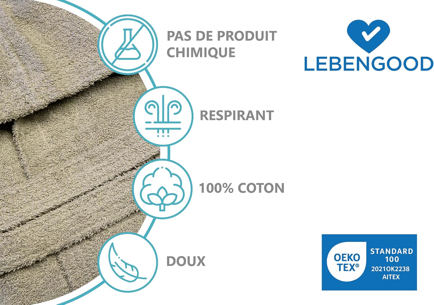 Detalle 2 de LEBENGOOD Peignoir 400 g/m² coton éponge