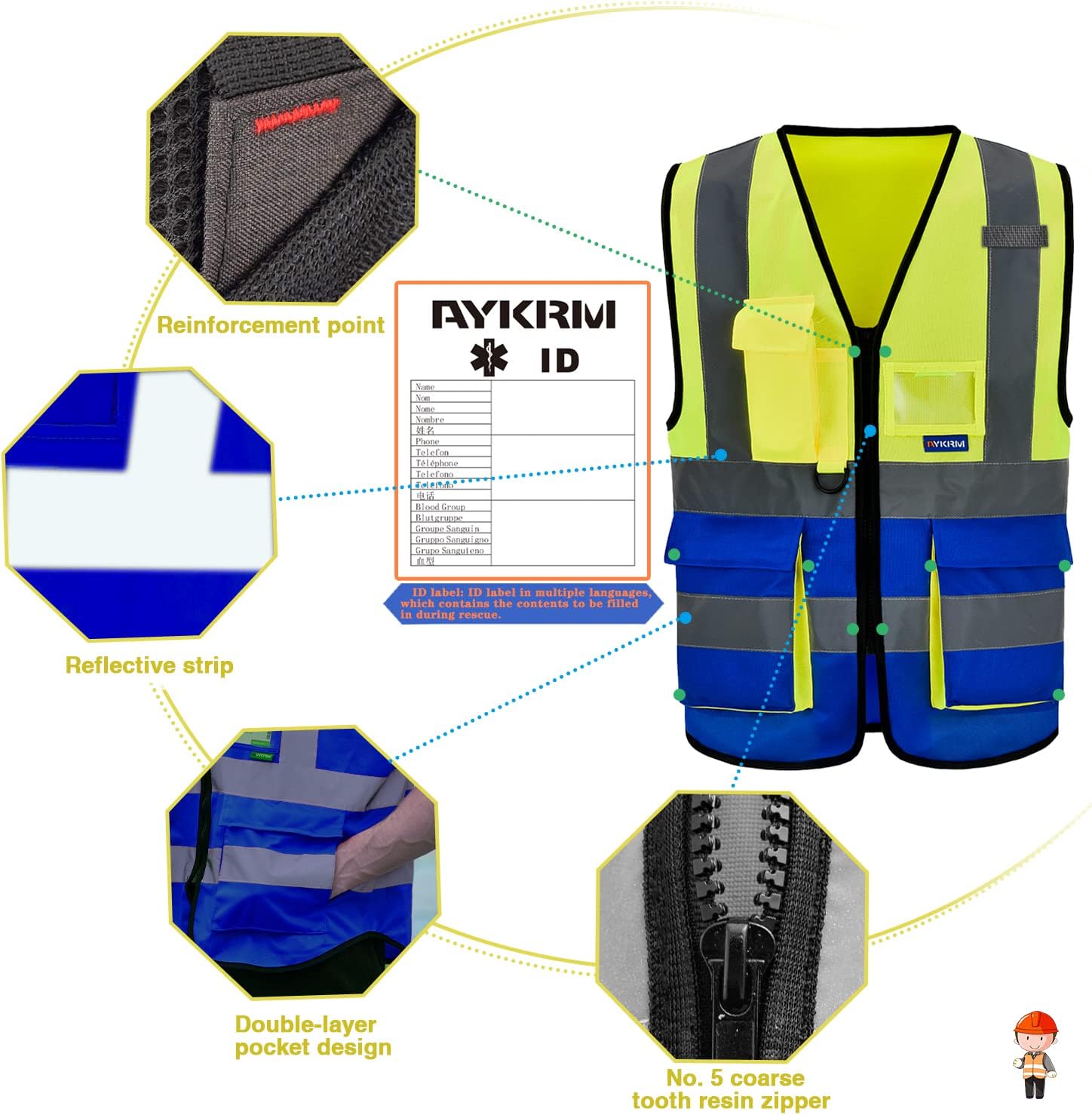 Detalle de AYKRM 21-colours hi-vis executive safety vest with zip front, phone & ID pockets