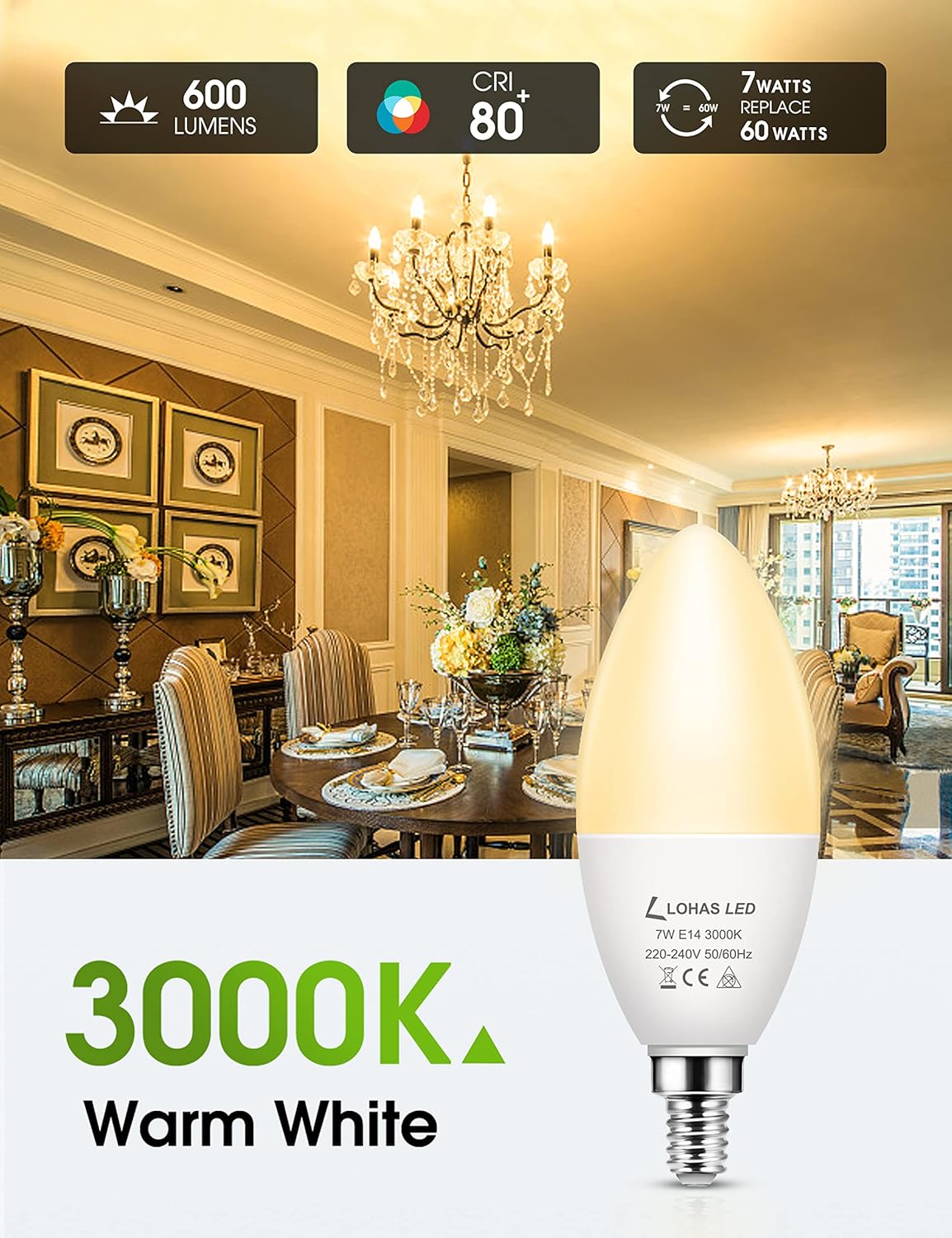 Thumbnail 1 de LOHAS E14 LED candle bulbs (7W, 60W equivalent) – warm white 3000K, non-dimmable, 6-pack