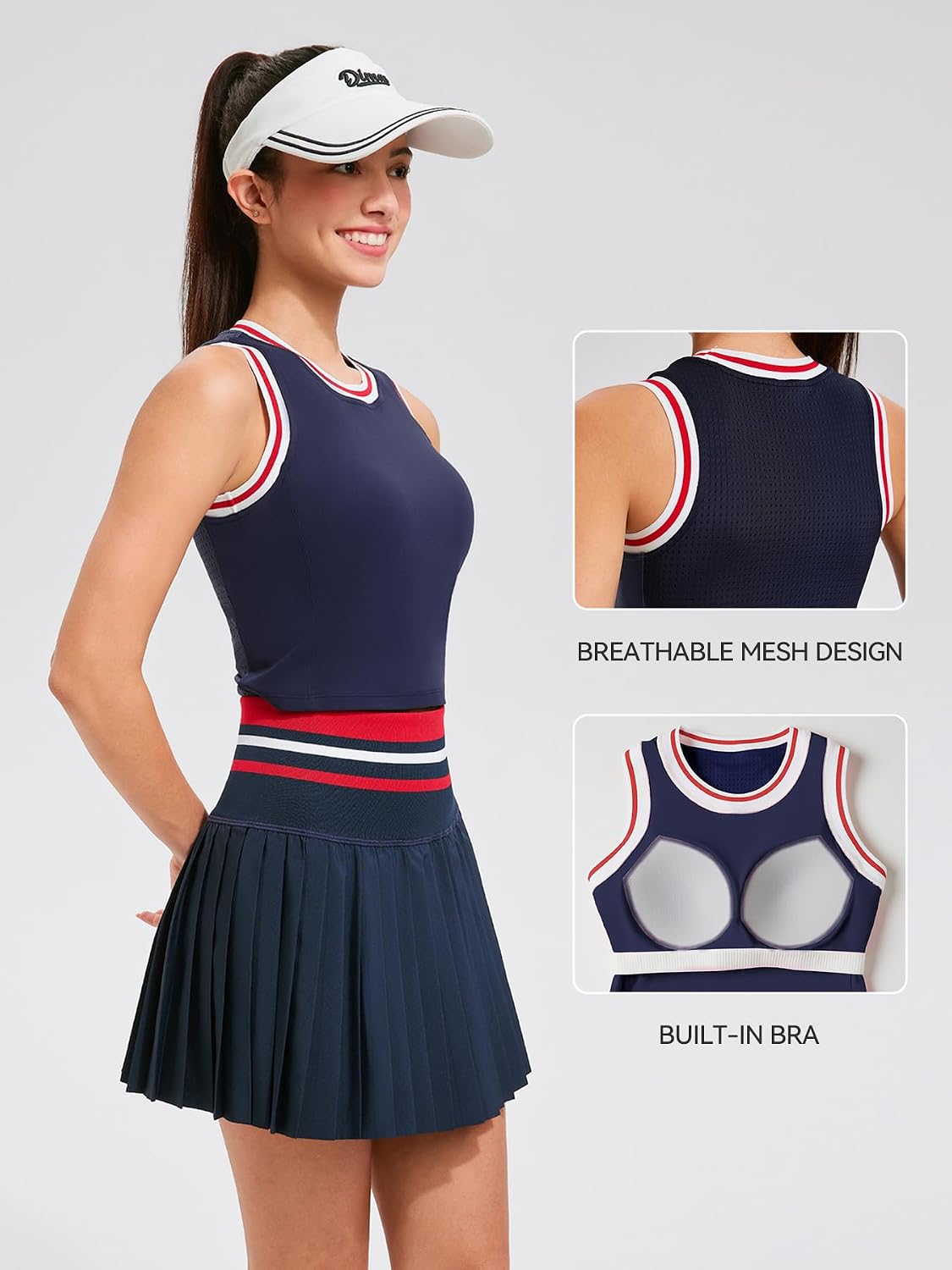 Detalle de Two Piece Tennis Skirt Set for Women with High-Waisted Pleats, Pockets & Built-In Support