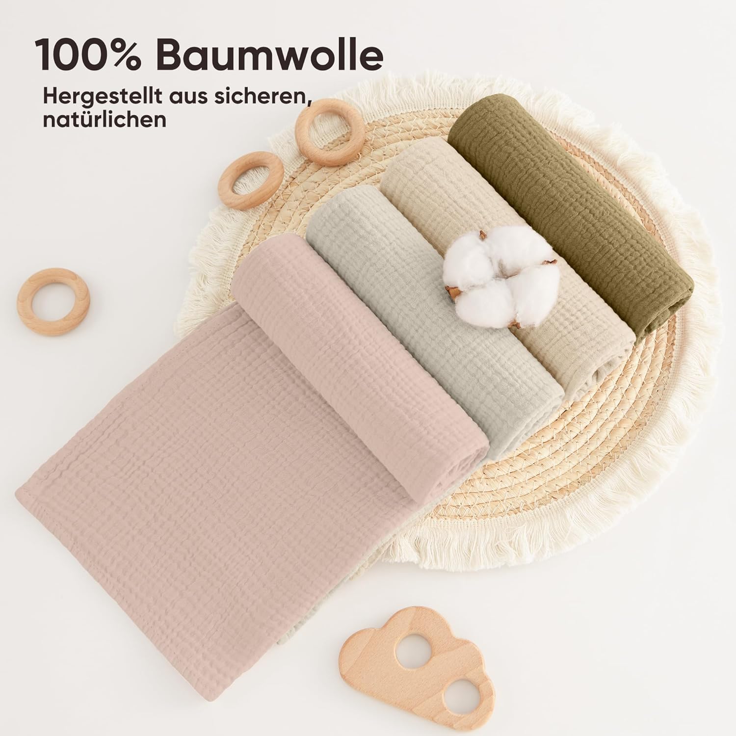 Thumbnail 3 de Bearmoss Musselin-Spucktücher Baby Set (4er), 100% Baumwolle, 60×60 cm – Sandgrün