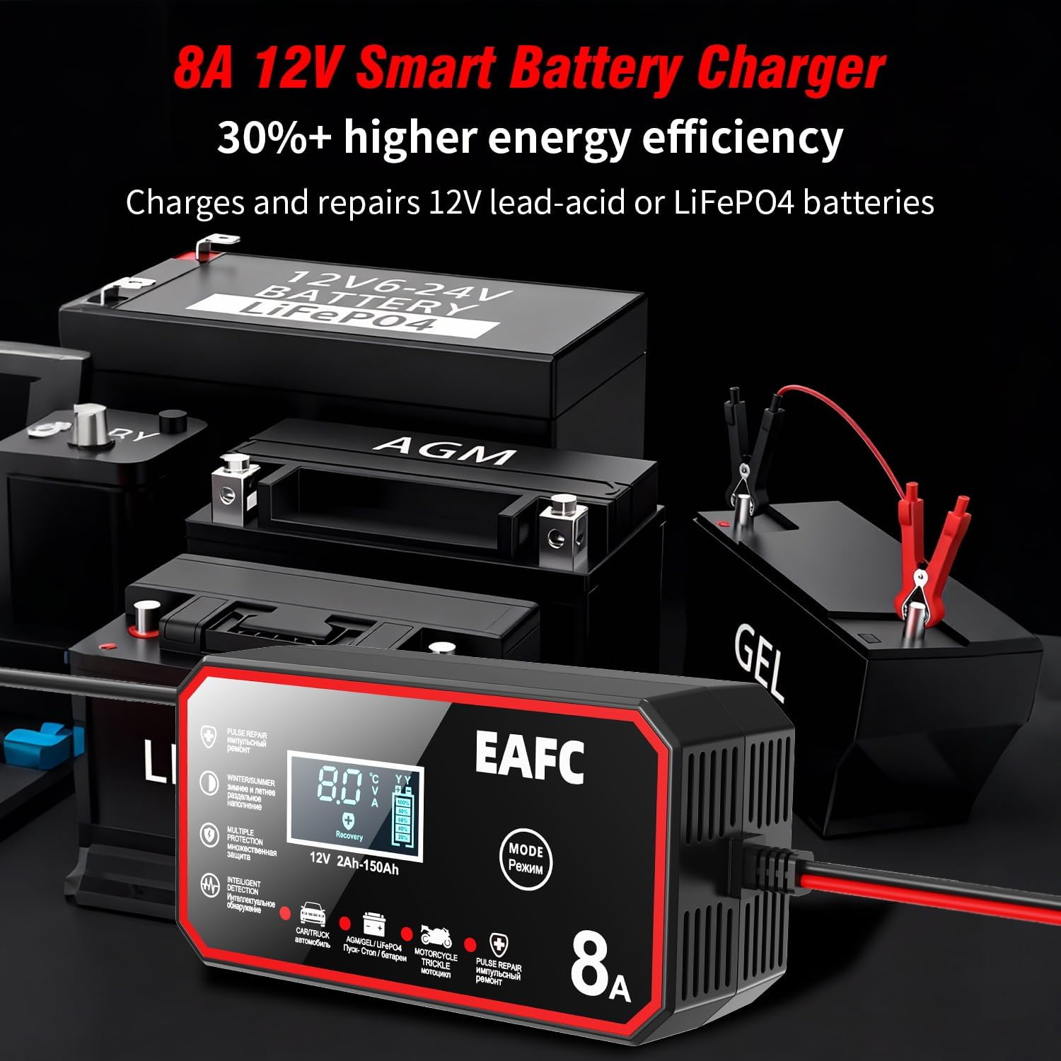 Detalle de EAFC 12V 8A Smart Car Battery Charger with Pulse Repair Mode (LCD) – AGM, GEL, WET & LiFePO4