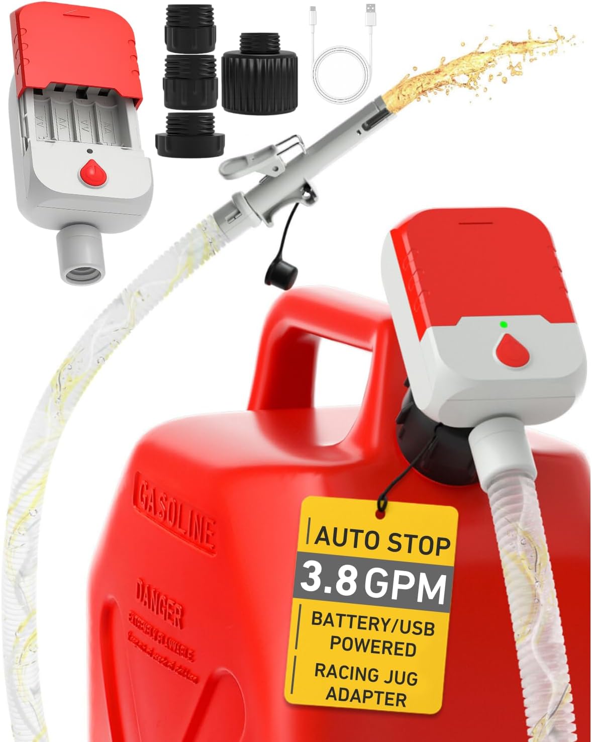 Detalle de Fuel Transfer Pump with Auto-Stop: 3.8 GPM Cordless Gas Pump with 51" Hose