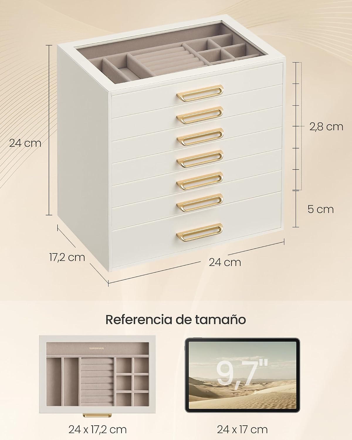 Detalle de SONGMICS Joyero con 7 cajones y tapa de cristal – Organizador elegante para joyas