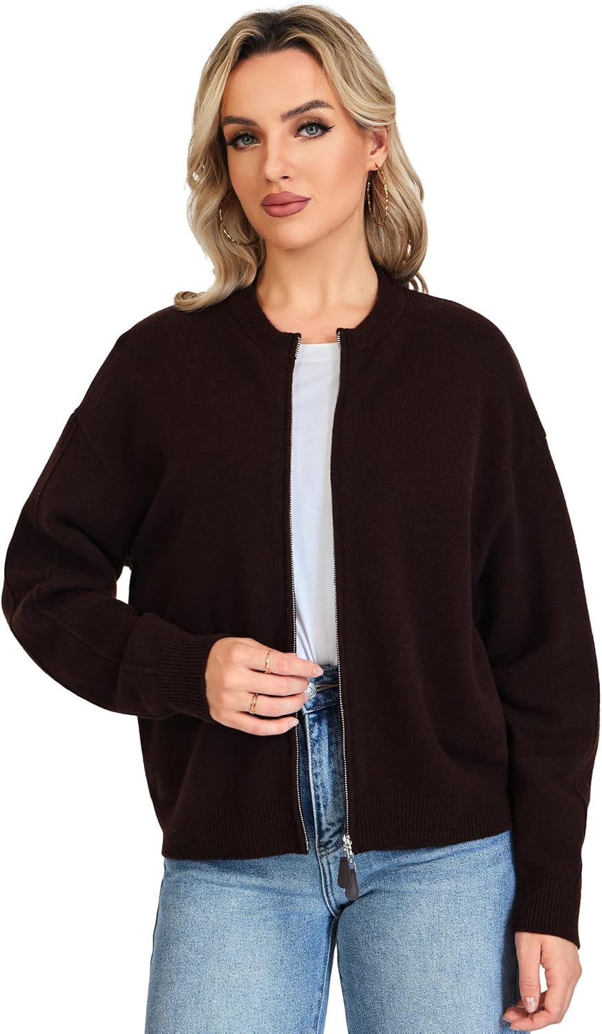 Thumbnail 3 de VETLURY Damen Strickjacke aus 100% Merinowolle mit Doppelreißverschluss – Rundhals Cardigan für Übergangszeit