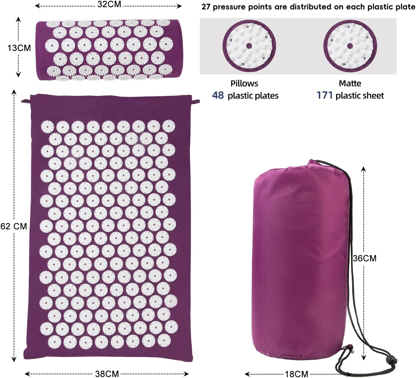 Thumbnail 4 de Acupressure Mat, Acupuncture Mat, Massage Set with Pillow – Purple