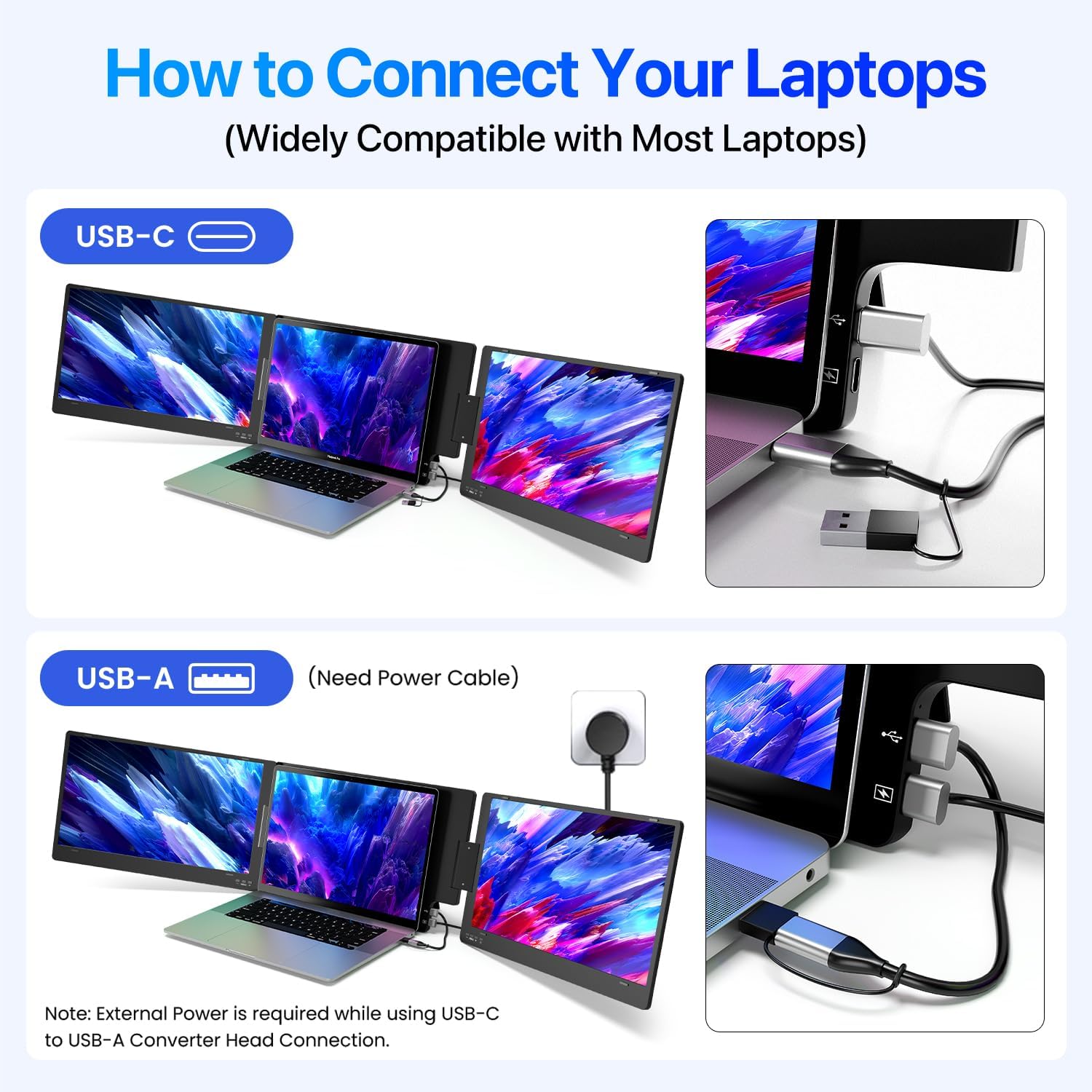 Detalle 2 de KPKUE 15.6" Laptop Screen Extender with Just One Cable: Triple Screen, FHD IPS, Portable Aluminium Design