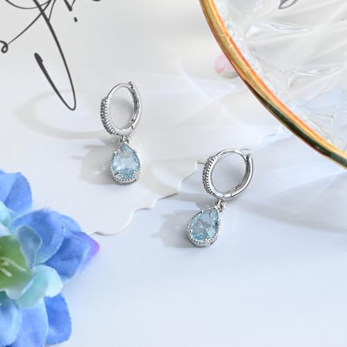 Detalle de Weviway Silver Aquamarine Drop Earrings – Teardrop Crystal Hoop with Lever-Back Closure