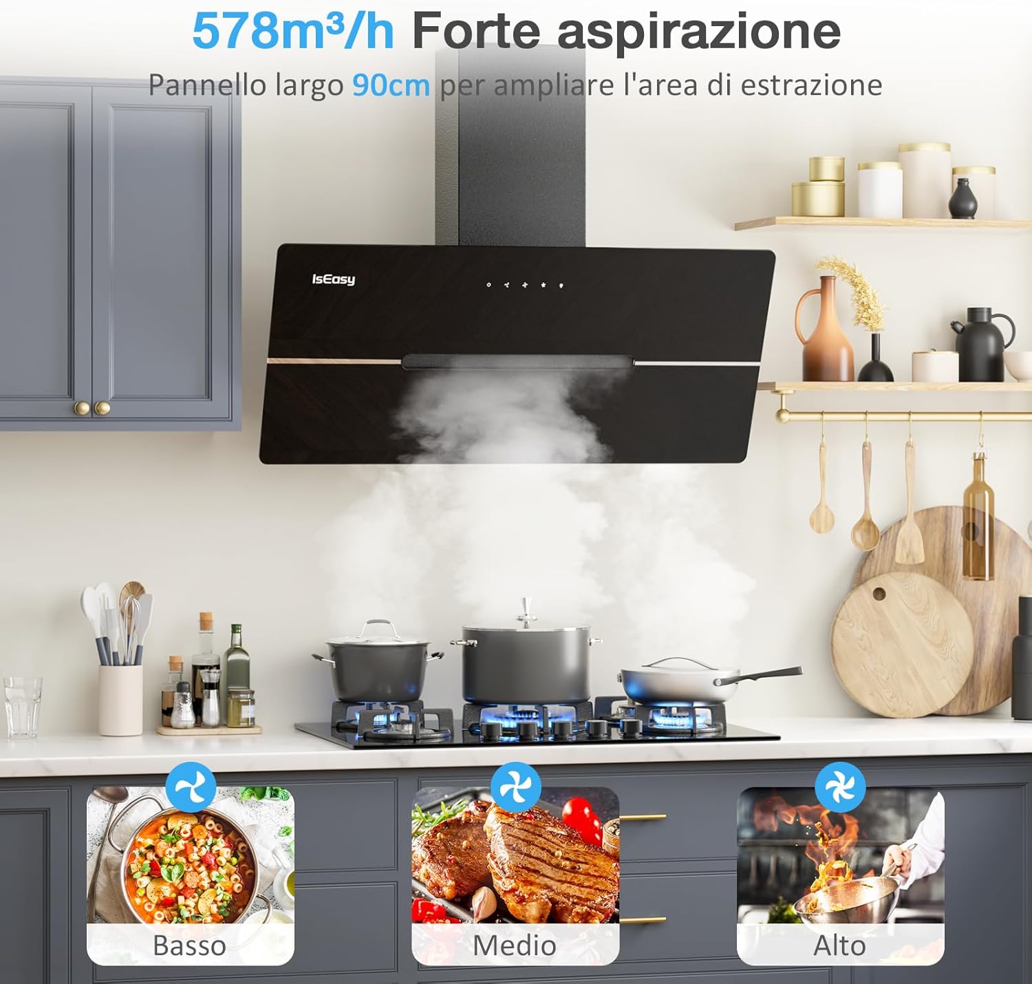 Thumbnail 3 de IsEasy cappa aspirante 90 cm con scarico/ricircolo, touch e 578 m³/h