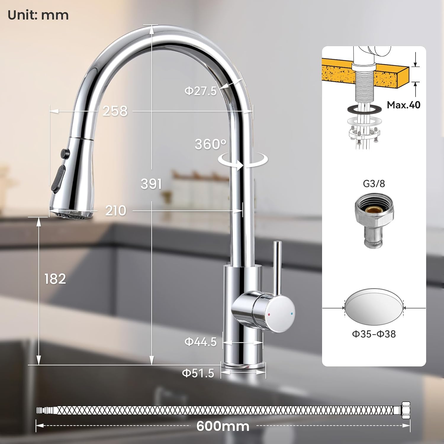 Thumbnail 6 de CECIPA Rubinetto Lavello Cucina con doccetta estraibile, 40 cm e 2 modalità (Stream/Spray) con getto alto, acciaio inox