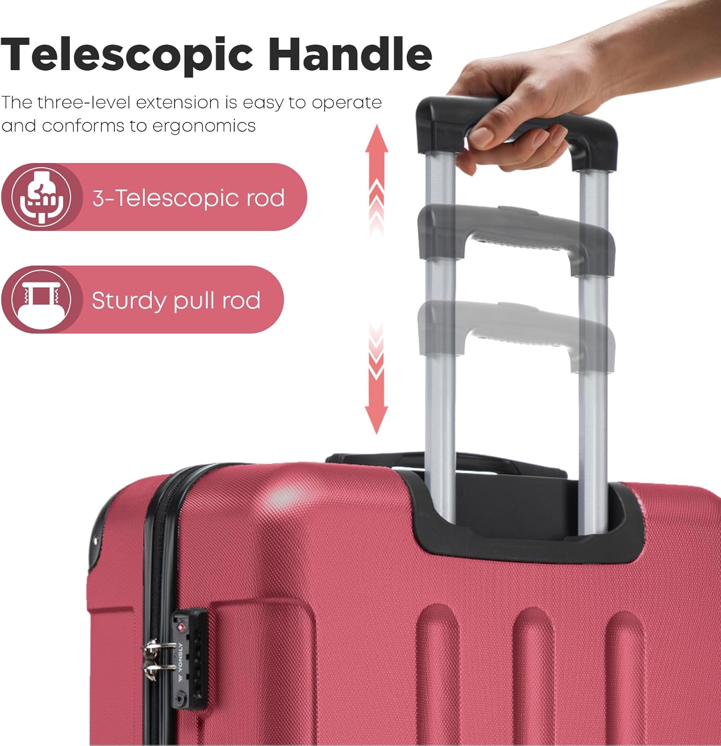 Detalle de YONSLY Premium Reisekoffer XL mit TSA-Schloss und YKK-Reißverschluss – Weinrot, 76 x 49 x 29 cm