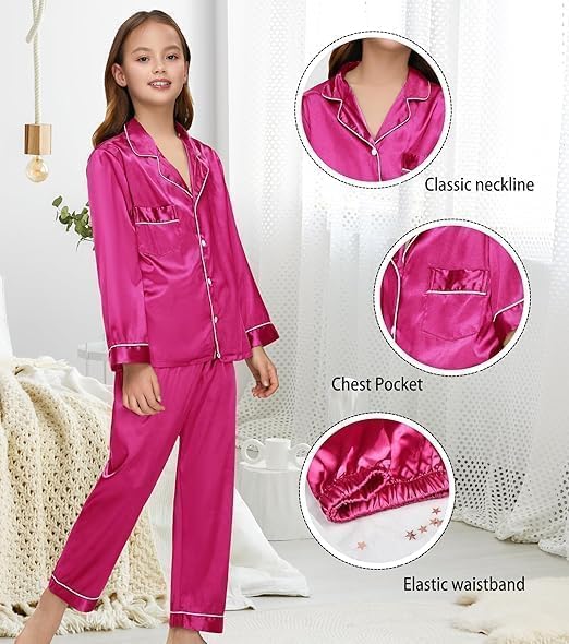 Detalle de ALHAVONE Kids Satin Pajama Set, Long-Sleeve Button-Down Top, Sizes 5–12 Years