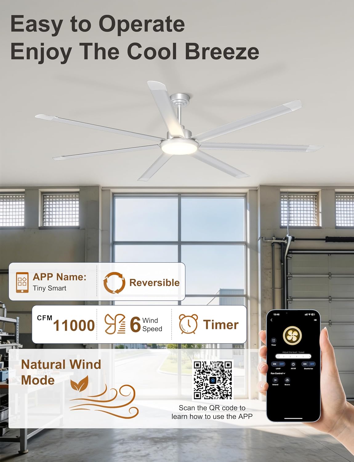 Detalle de Ohniyou GLX121 84-Inch Industrial Ceiling Fan with Light, 11,000 CFM, 3 CCT