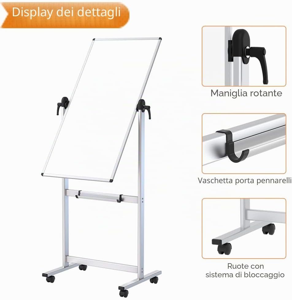 Detalle de VIZ-PRO Lavagna Bianca Mobile con Supporto – Doppia Faccia, Cornice in Alluminio 120 x 60 cm