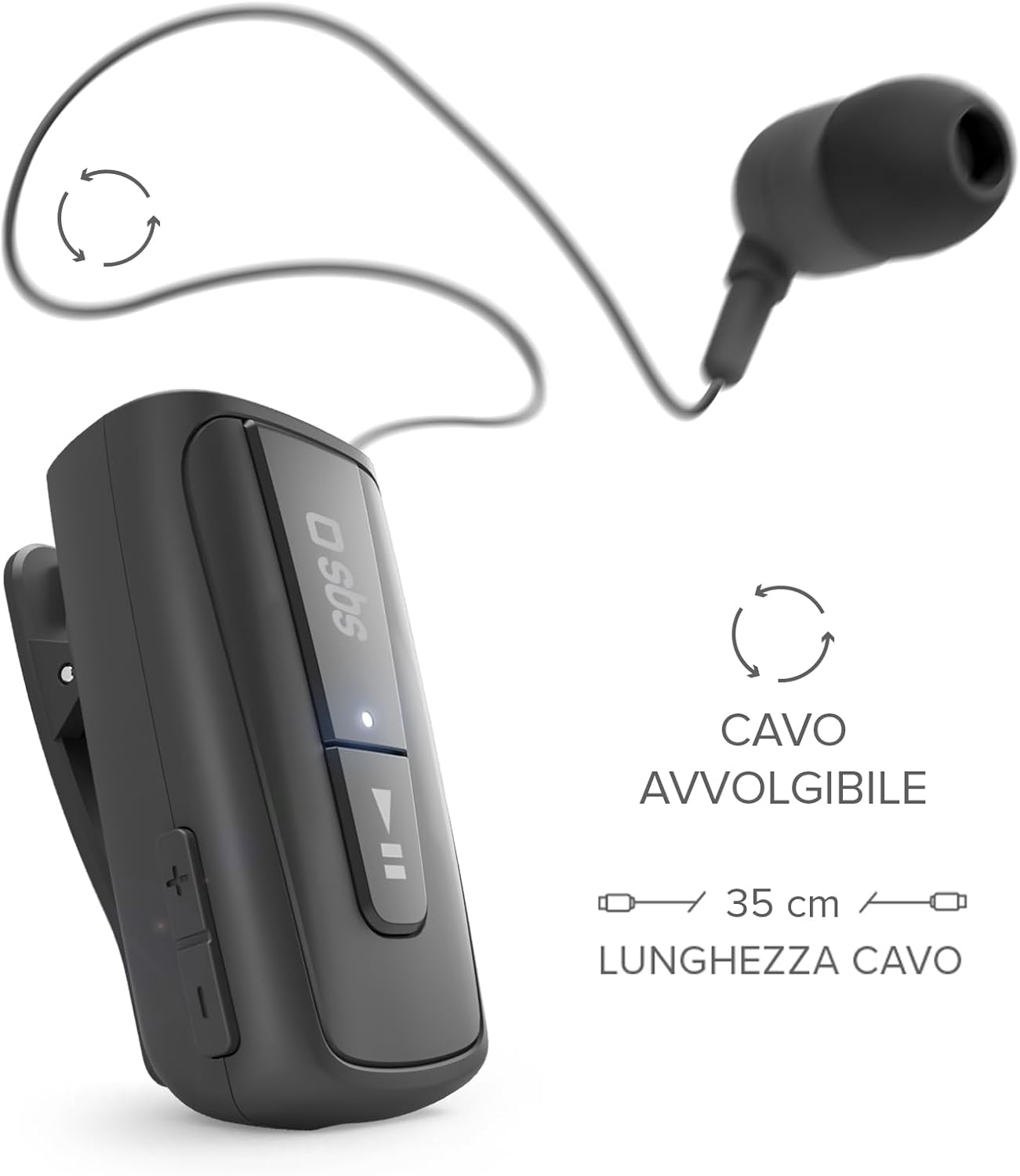 Detalle 2 de SBS Auricolare Bluetooth con Clip e Cavo Retrattile – Multipoint, 7 ore di conversazione, Nero