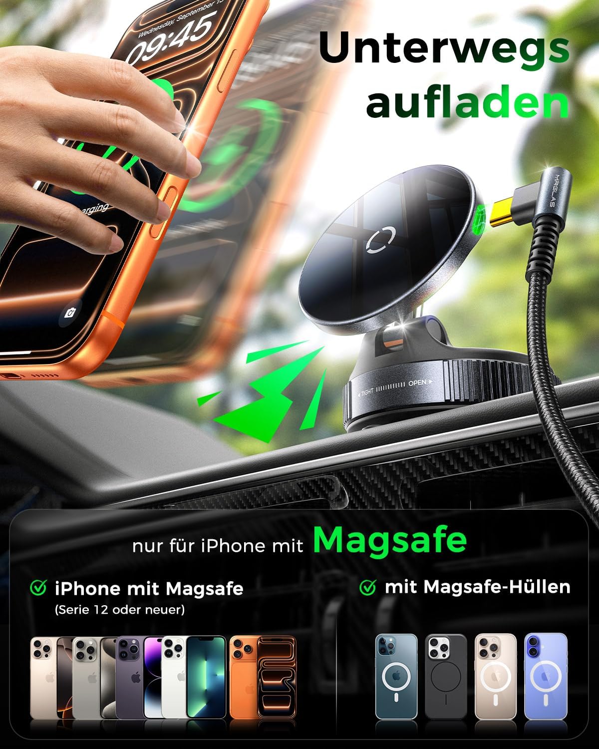 Thumbnail 5 de MRGLAS 15W Vakuum-Magnetische Handyhalterung mit Ladefunktion – 360° Verstellbar, MagSafe