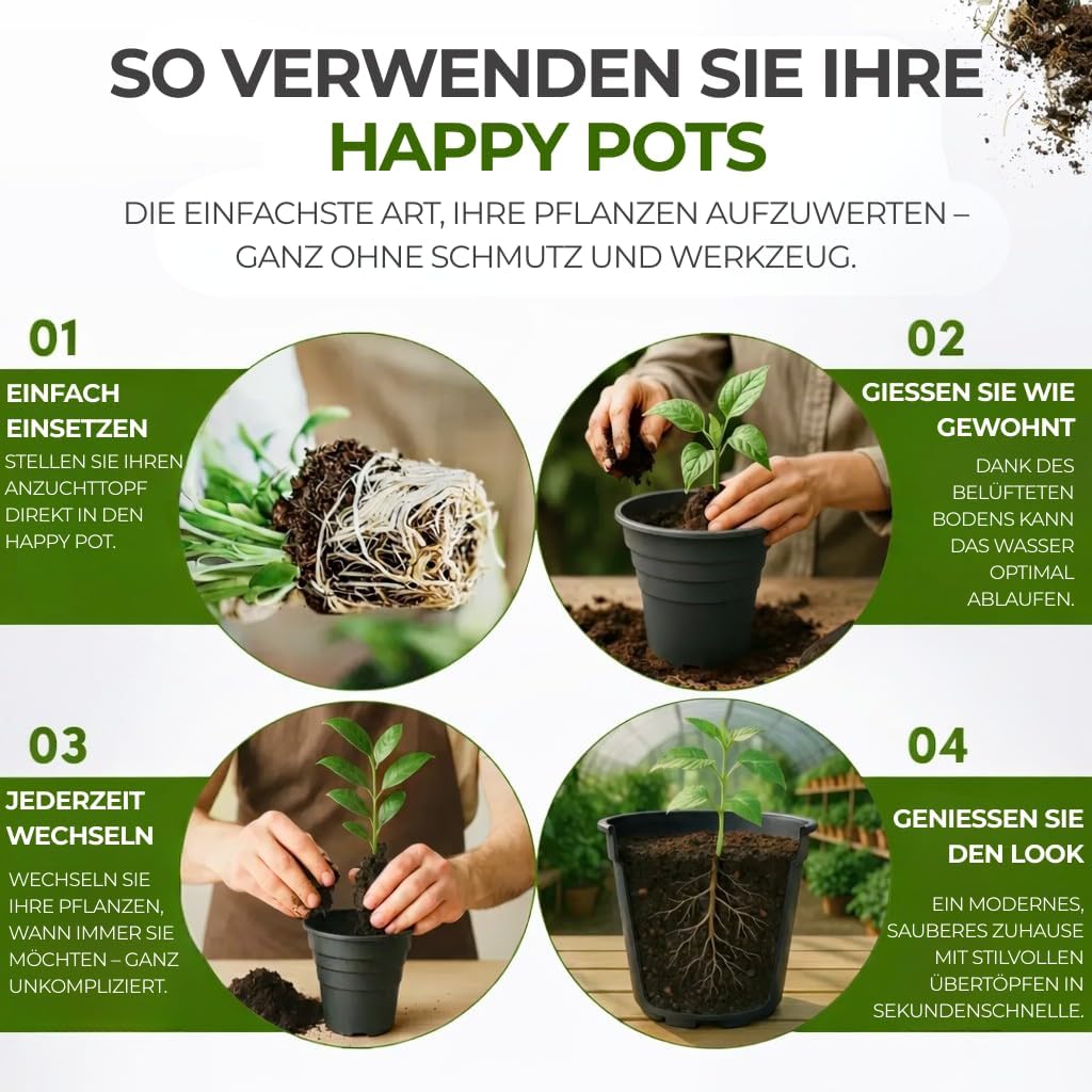 Detalle 2 de Happy Pots pot de fleurs en plastique 10 cm – lot de 5 – avec trous de drainage (noir, fabriqué au Royaume-Uni)