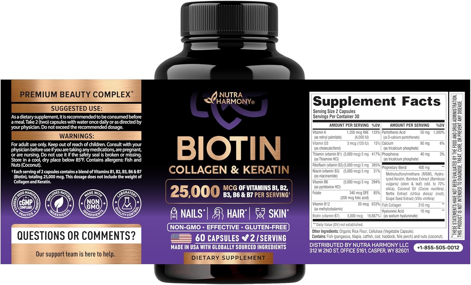 Detalle de NUTRAHARMONY BC-01 Hair, Skin & Nails Supplement with Biotin, Collagen & B-Complex