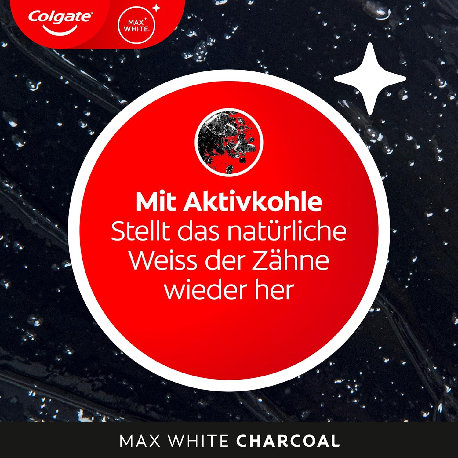 Detalle de Colgate Max White Charcoal Zahnpasta 4x75 ml – Aktivkohle, entfernt oberflächliche Verfärbungen