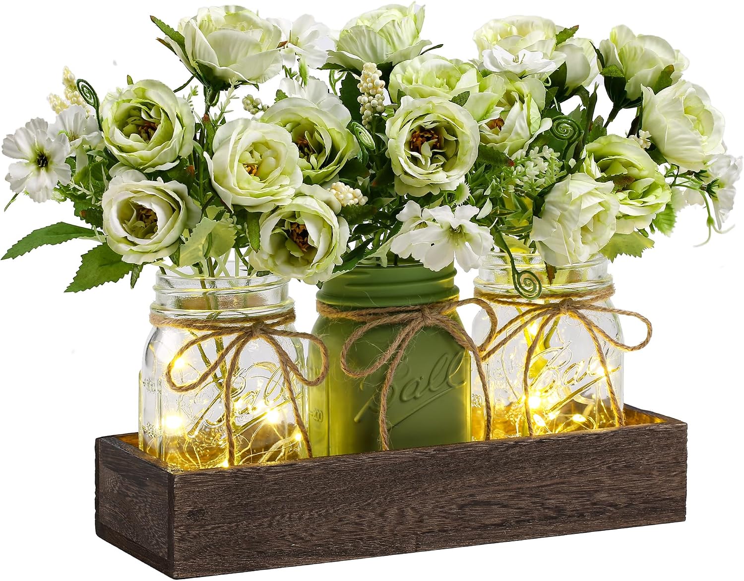 Detalle de DUOER MSG-L Rustic Farmhouse Centerpiece with Wood Tray, Mason Jars & LED Light