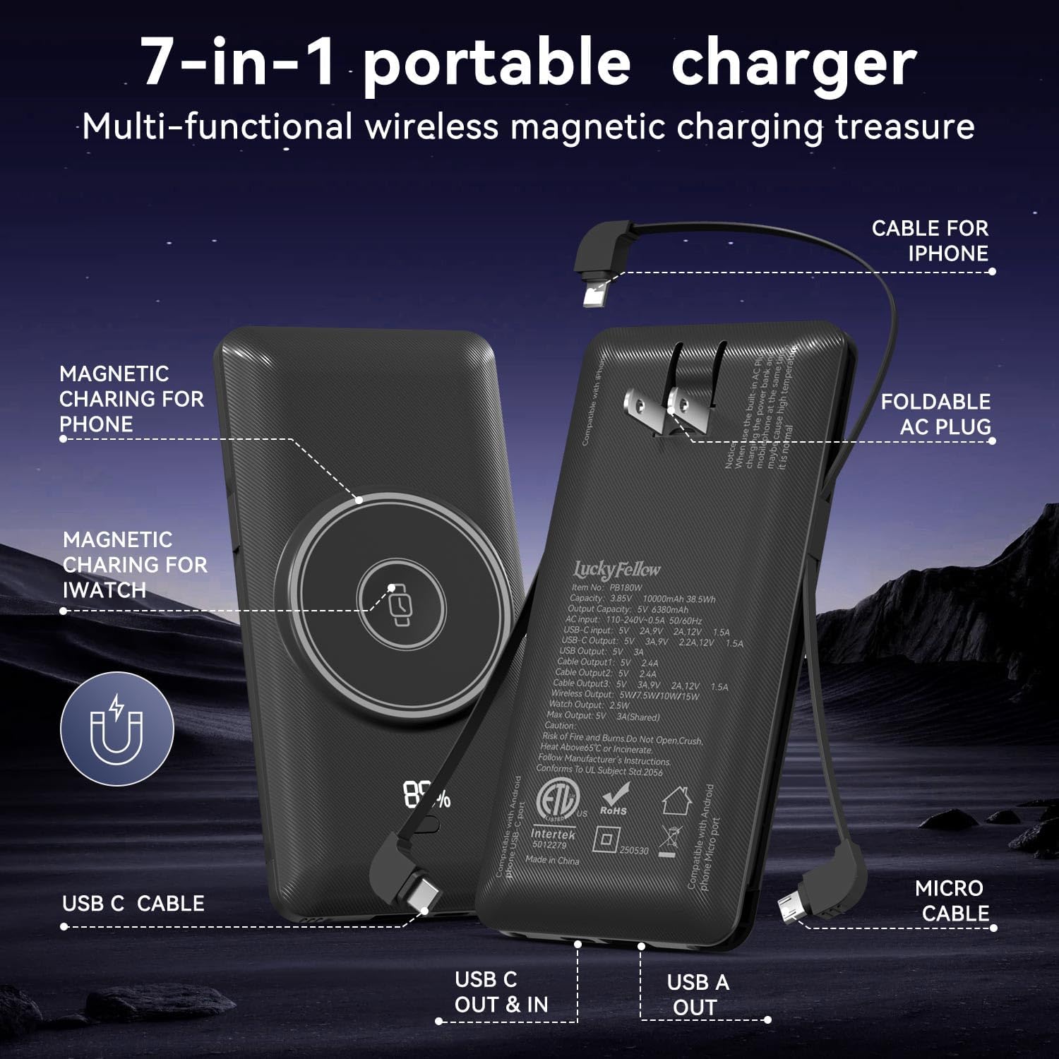 Thumbnail 2 de LUCKYFELLOW PB180W 10,000mAh Wireless Power Bank with Built-In Cables