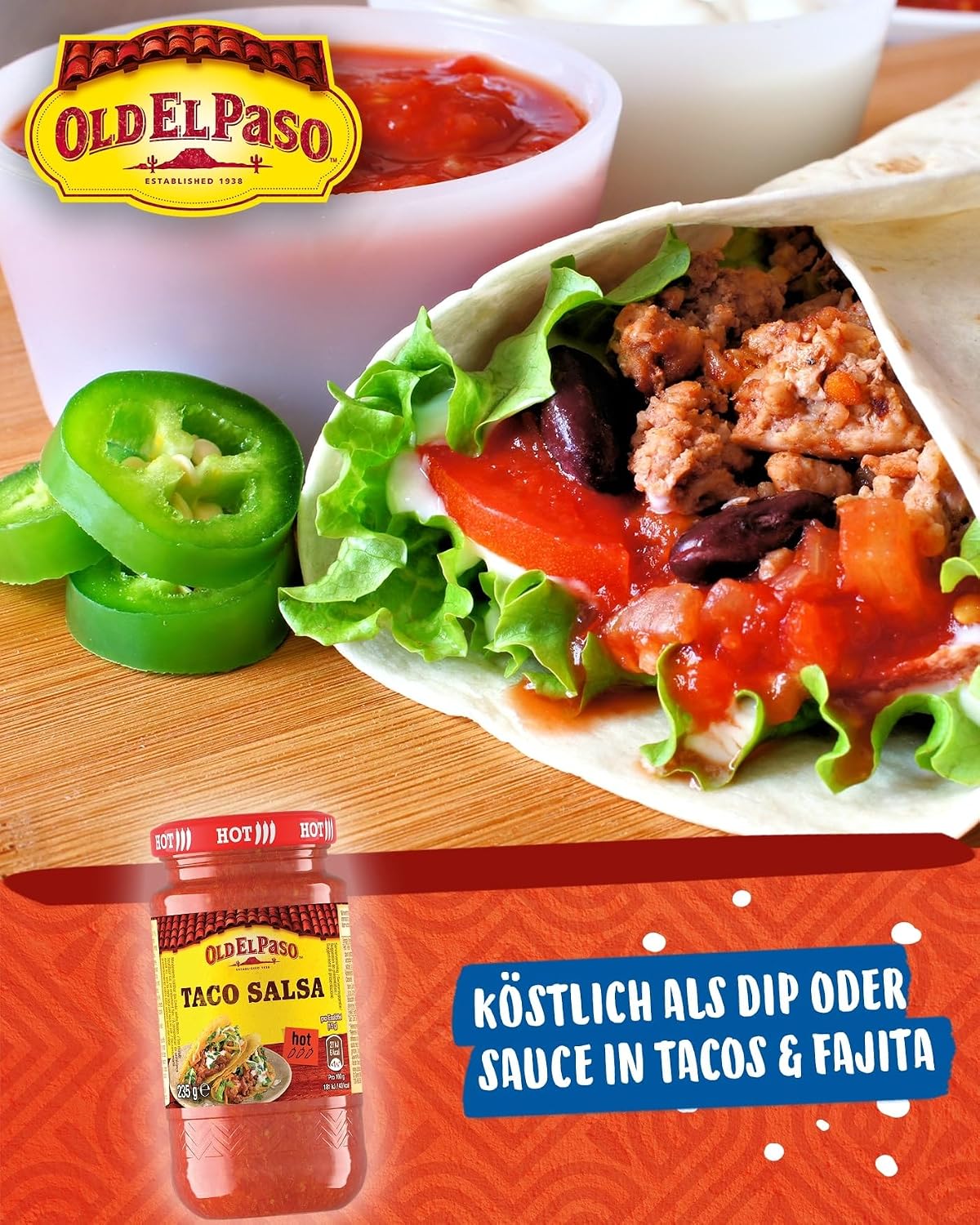 Detalle 2 de Old El Paso Tortilla Taco Salsa Hot – fruchtig-scharfe Tomaten-Salsa (6er Pack, 1 x 235 g)