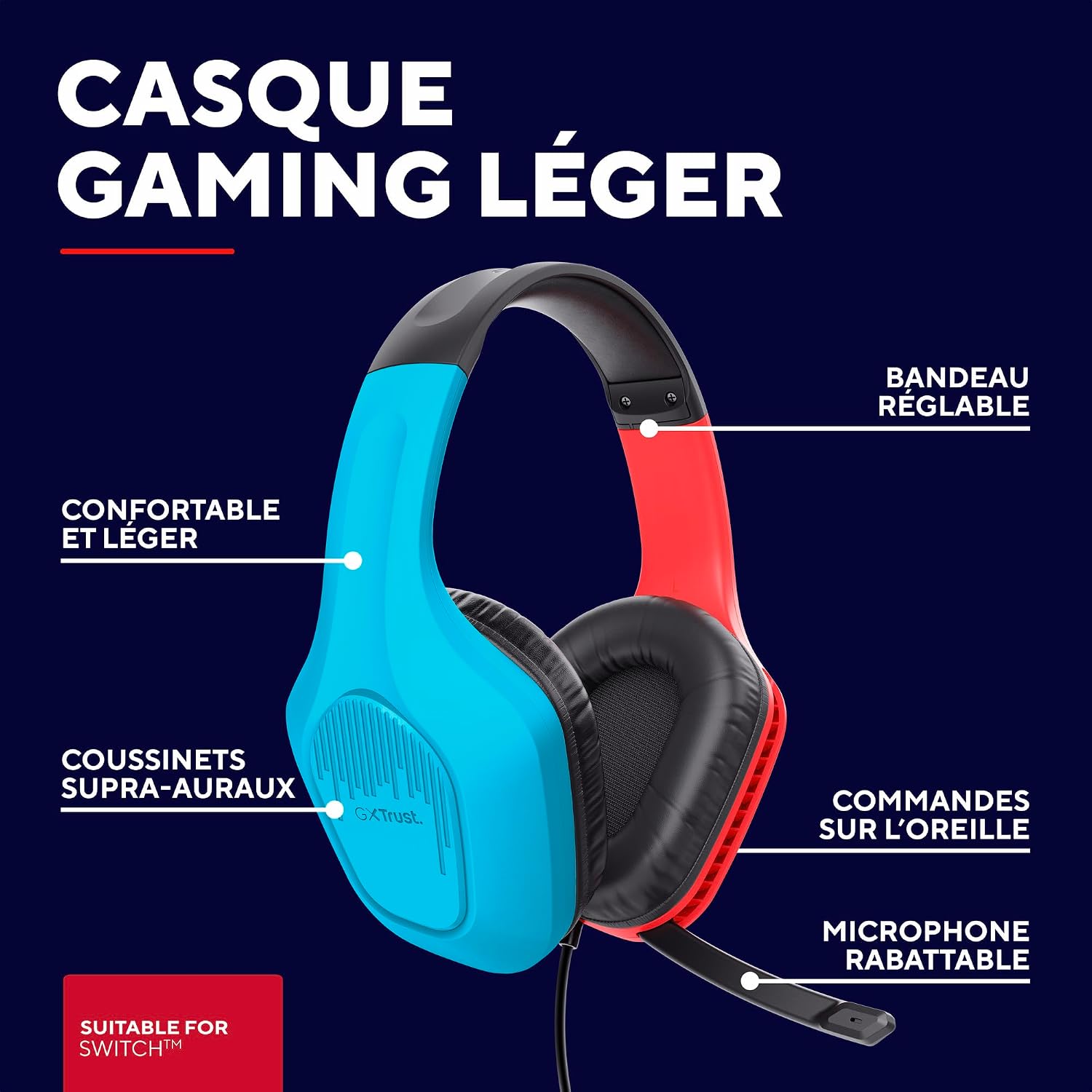 Thumbnail 1 de GXTrust Zirox: Casque Gaming Léger pour Nintendo Switch (Bleu/Rouge) avec micro rétractable