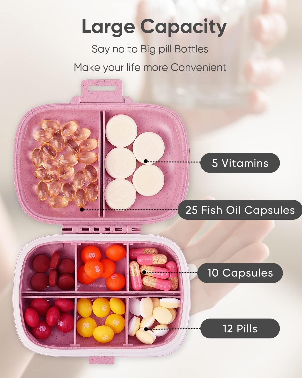 Detalle 2 de Holii YH-002 Travel Pill Organizer, Pink 8-Compartment Portable Case