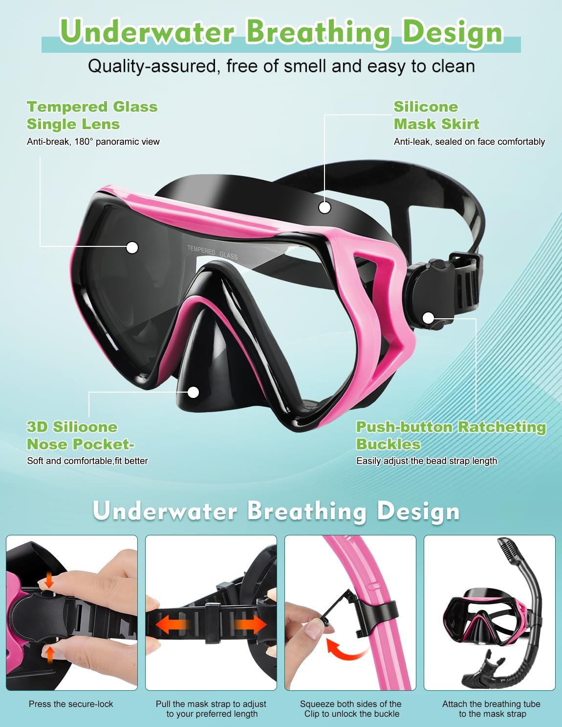 Detalle 2 de Hydomi Snorkel Set for Adults – Comfortable Leak-Proof Mask with 180° Panorama and Dry Top Snorkel