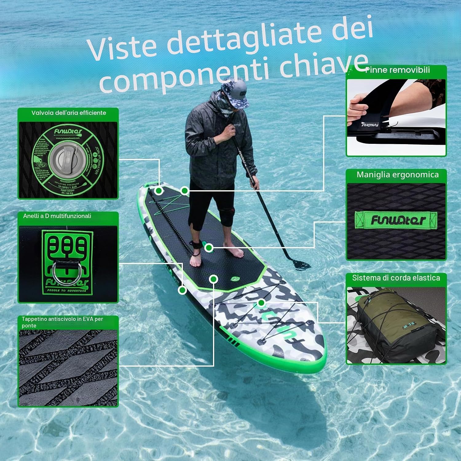 Detalle de FunWater Sup Gonfiabile Portatile: Tavola da Stand Up Paddle 10'10" con accessori completi