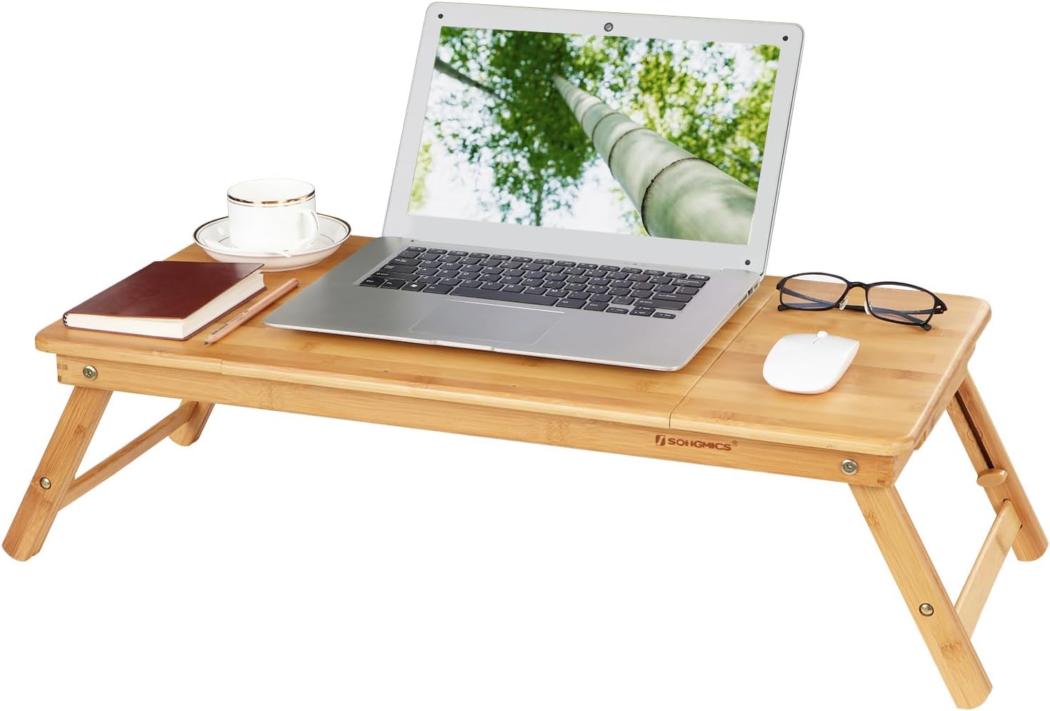 Detalle de SONGMICS Laptoptisch LLD004: klappbar, höhenverstellbar mit Schublade (Bambus, 71,5 x 35 cm)