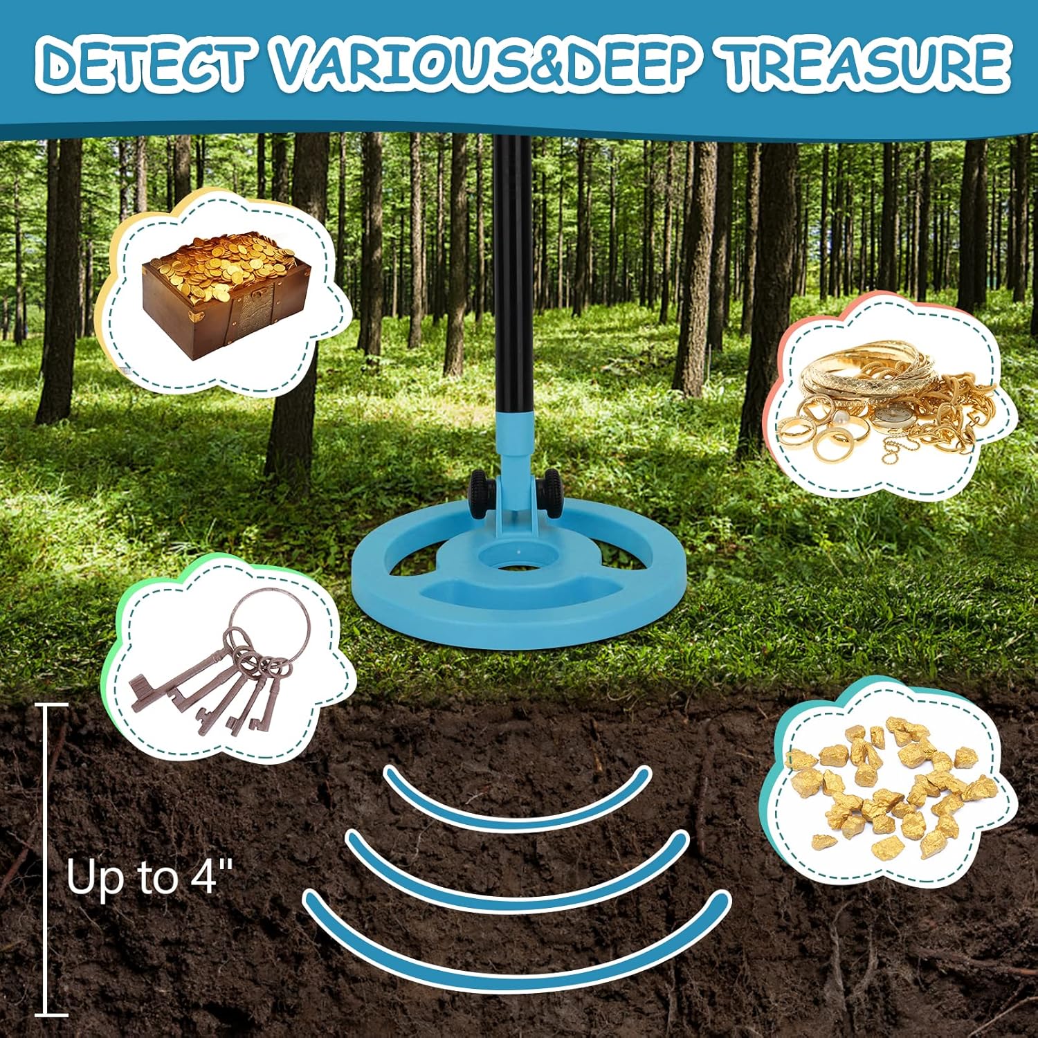 Thumbnail 1 de OMMO Metalldetektor für Kinder mit LCD-Display, 6" Suchspule und verstellbarem Stiel (Azure)