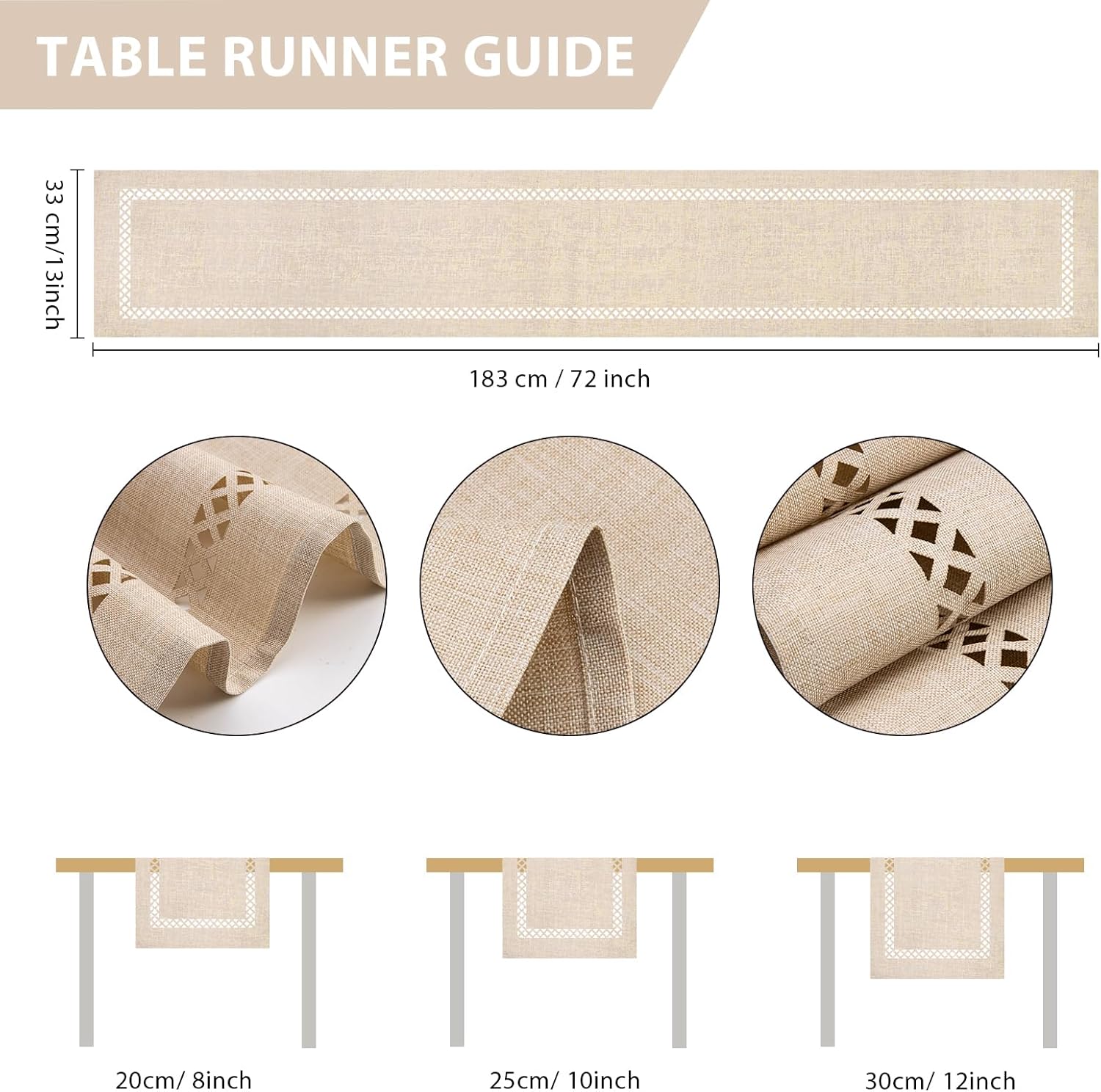 Detalle 2 de BAZIOE Modern Table Runner Beige Linen Blend with Openwork Laser-Cut Pattern