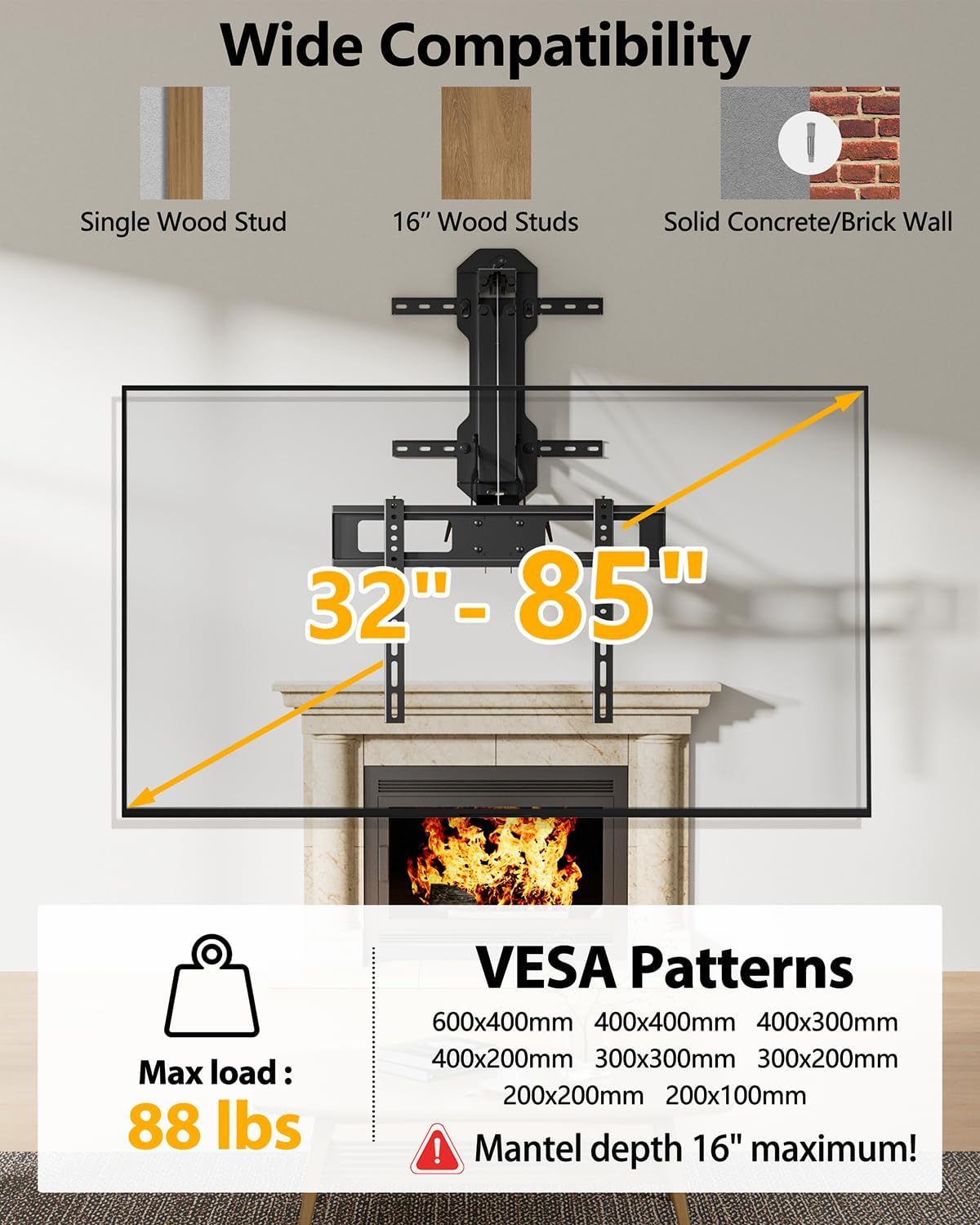 Detalle de FORGING MOUNT Motorized Fireplace TV Mount for 32"-85" Flat & Curved TVs