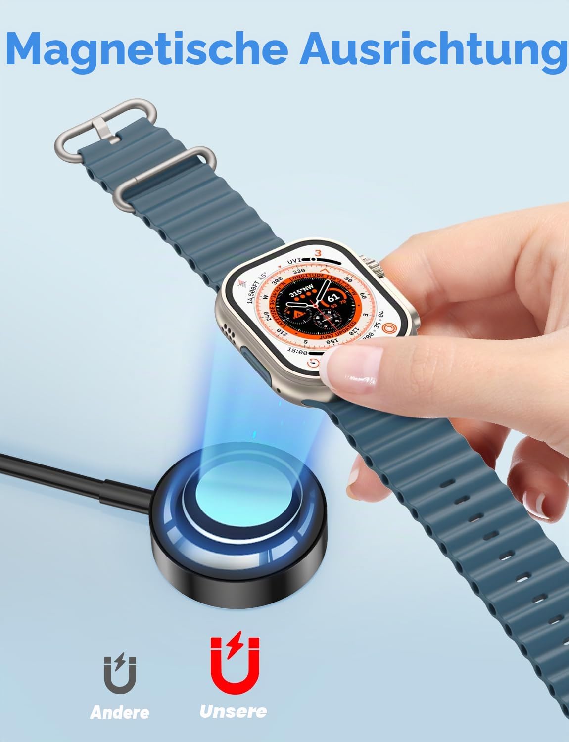 Detalle 2 de iWatch Ladegerät USB magnetisches Kabel (2026 Upgraded) für Apple Watch – Serie 11/10/9/8/7/6/SE bis 1, Schwarz