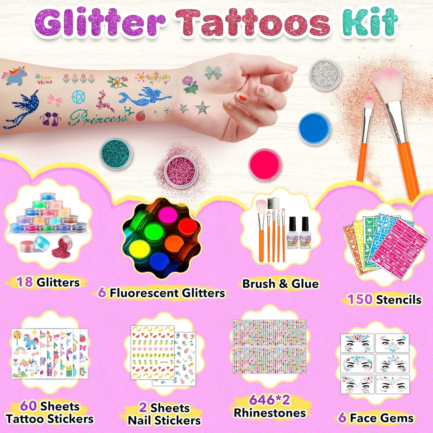 Detalle de Glitzer Tattoo Set Kinder – 24 Glitzerfarben, 150 Schablonen und mehr für kreative Hautkunst