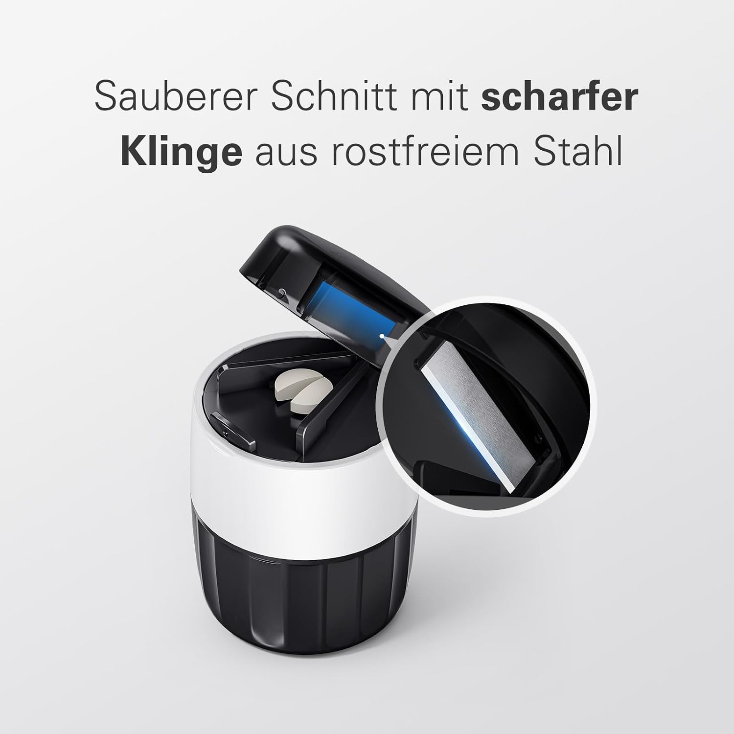 Detalle 2 de 3-in-1 Tablettenmörser mit Tablettenschneider und Tablettenfach – Tabletten Zerkleinern, Teilen & Aufbewahren