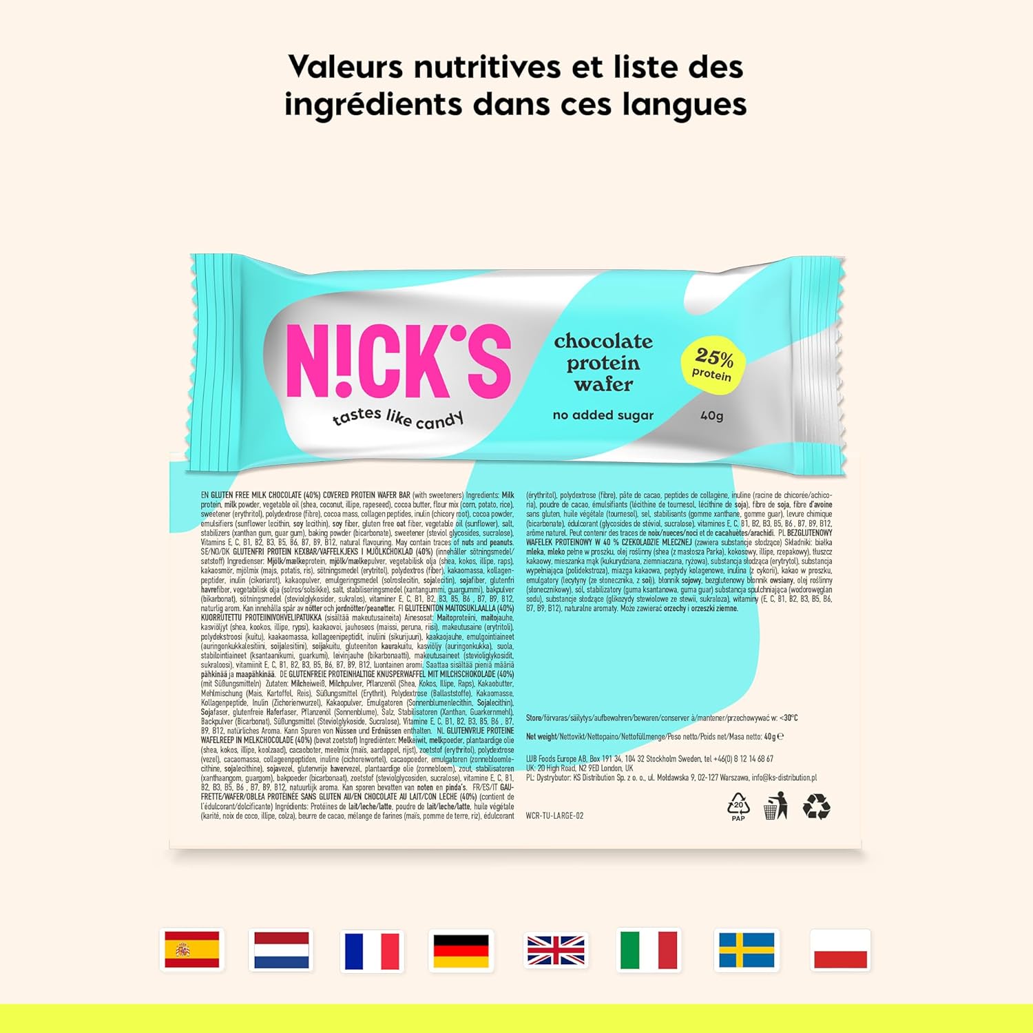 Thumbnail 4 de N!CK'S NICKS Barre protéinée sans sucres ajoutés (gaufrette proteinée) chocolat, 40 g