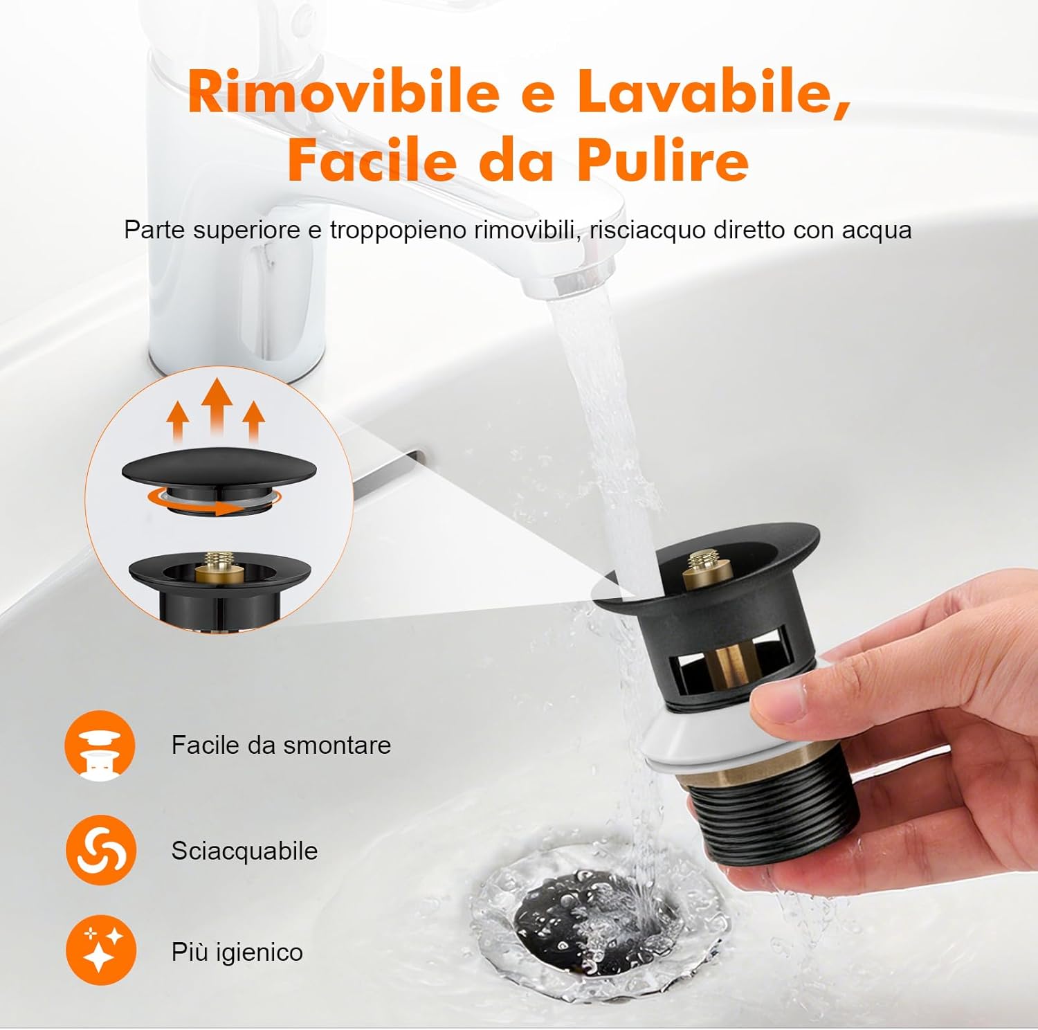 Thumbnail 4 de Ibergrif M20502B tappo di scarico bagno a scomparsa con troppopieno e coperchio grande, nero (taglia M)
